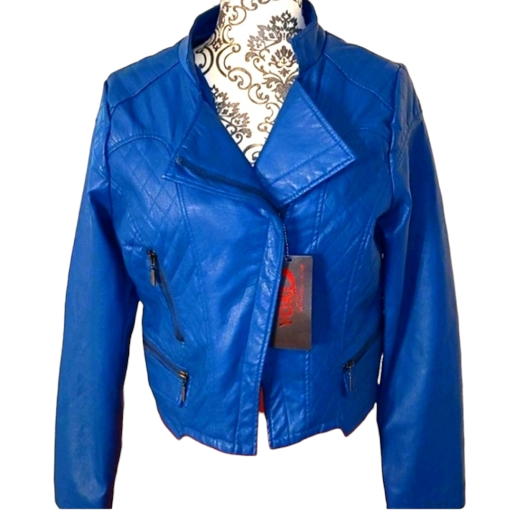 YOKI - Blue Vegan Moto Leather Jacket ๐ NWT! - Picture 1 of 9